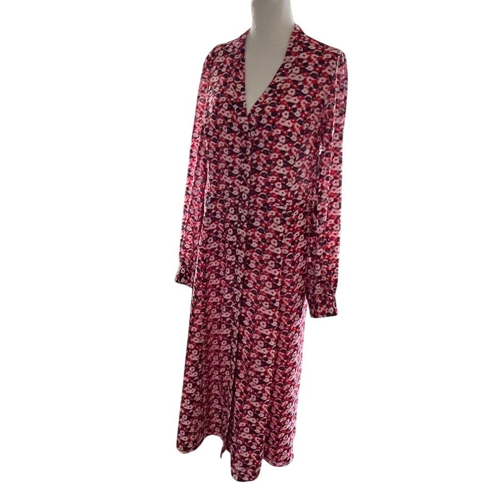 MICHAEL Kors Women Floral Print Maxi Dress Med Pink Red Long Sleeve Boho